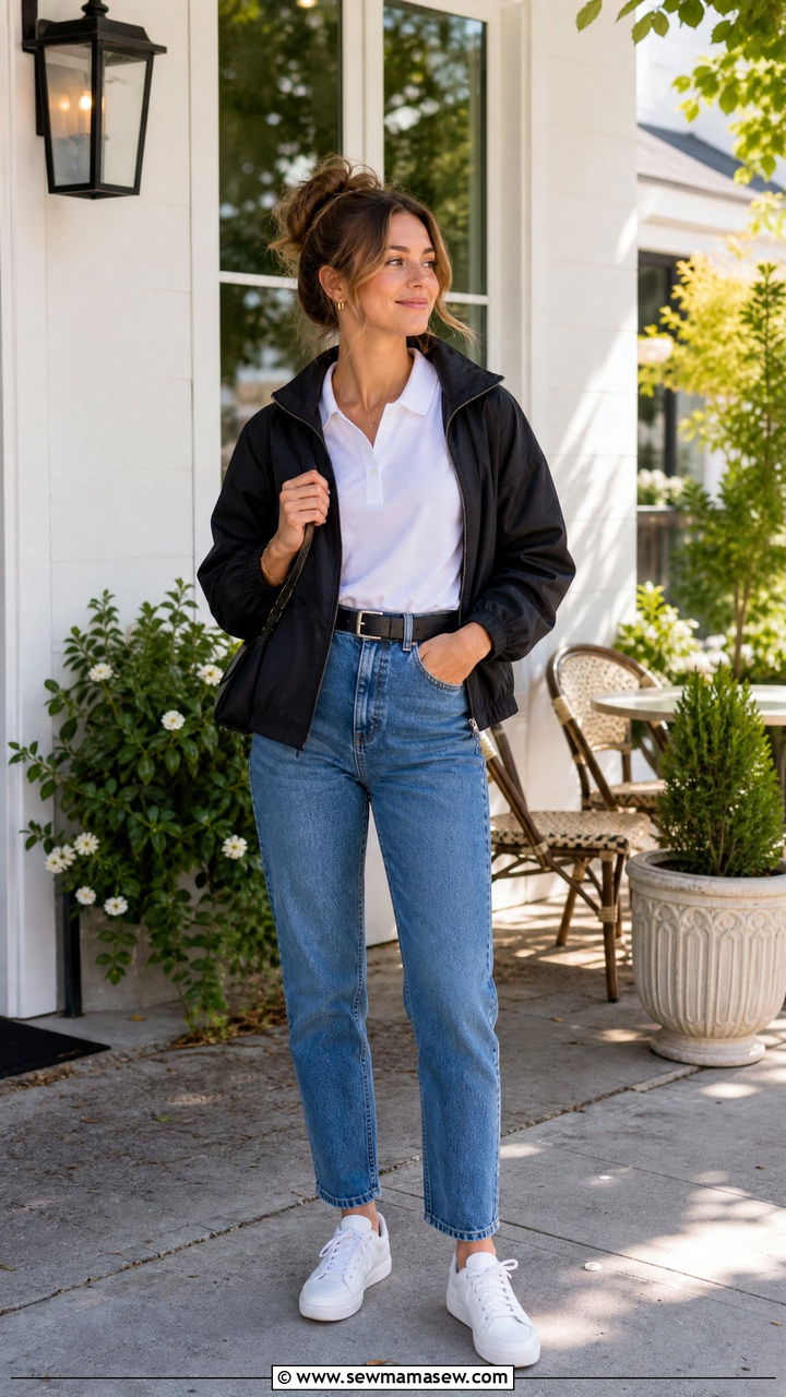 Windbreaker with polo shirt and mom jeans - 25 how to style windbreaker outfits