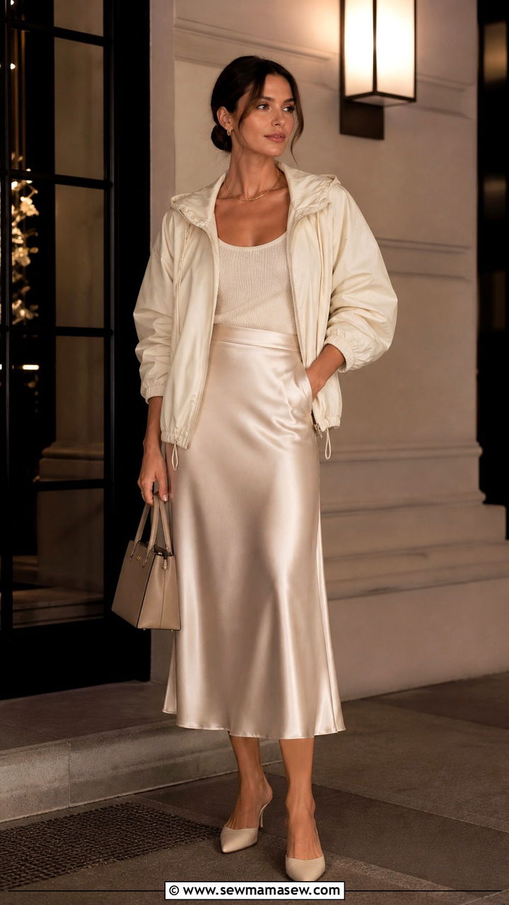 Windbreaker with satin midi skirt outfit - 40 windbreaker outfits