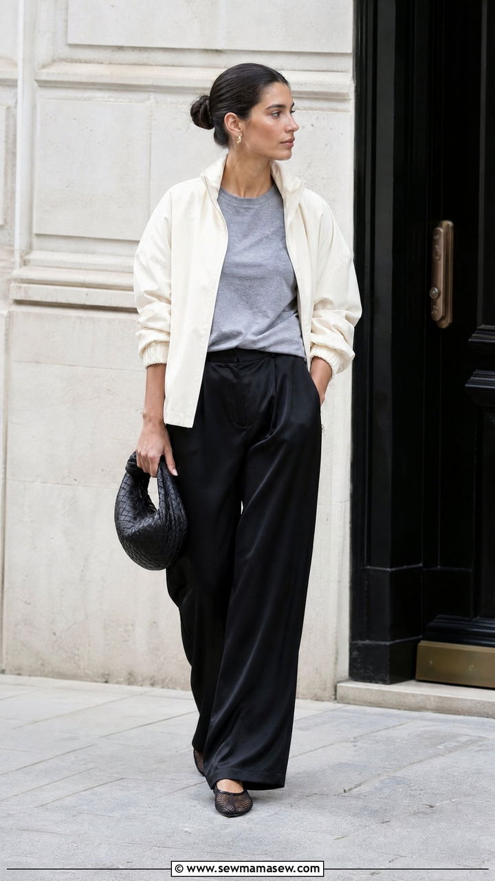 Windbreaker with satin trousers and mesh flats - 25 how to style windbreaker outfits