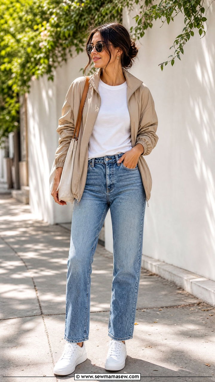 Windbreaker with straight leg jeans and white sneakers - 25 how to style windbreaker outfits