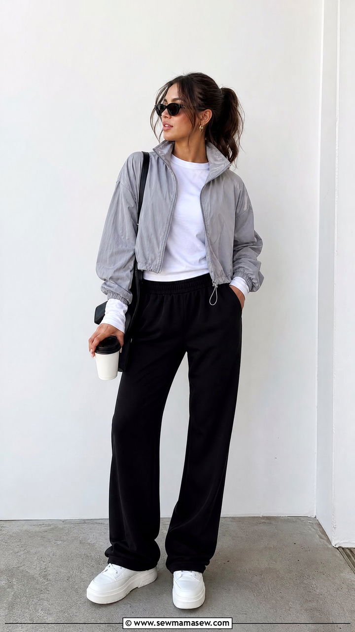 Windbreaker with sweatpants and platform sneakers - 25 how to style windbreaker outfits