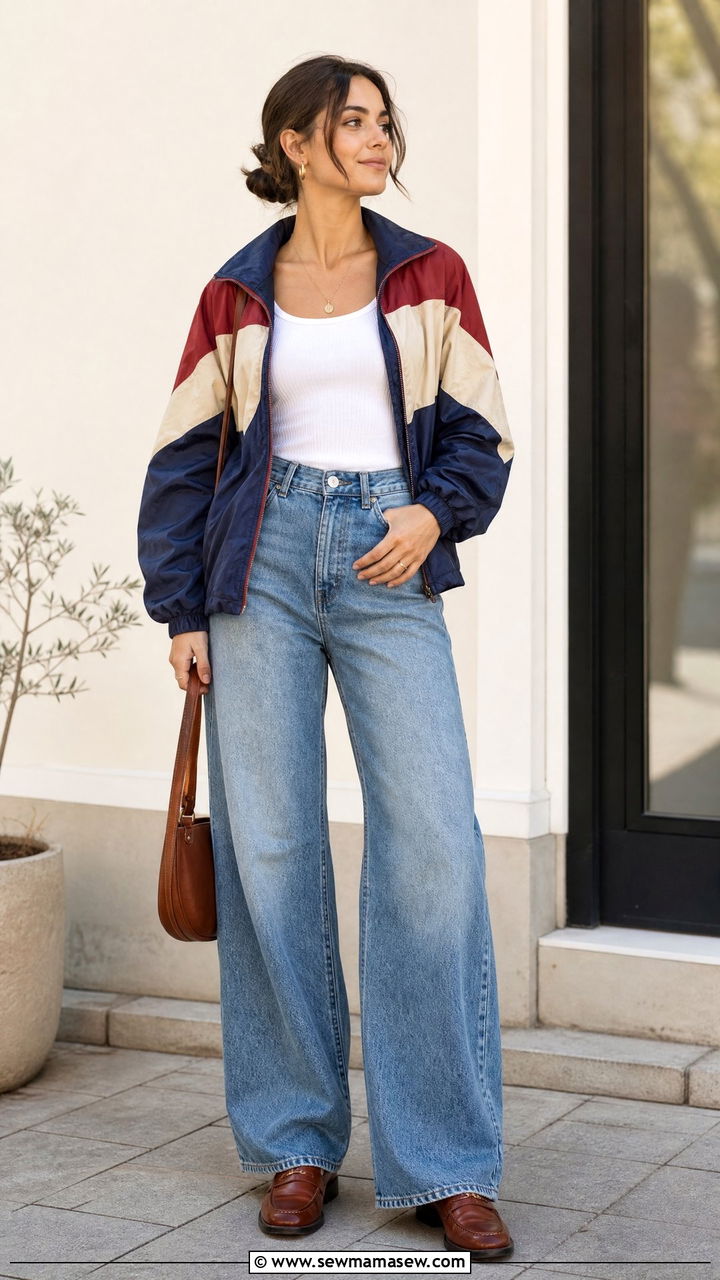 Windbreaker with wide leg jeans and loafers - 25 how to style windbreaker outfits