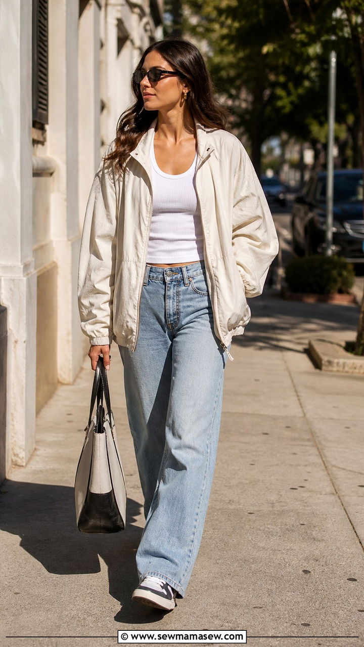 Windbreaker with wide leg jeans outfit - 40 windbreaker outfits