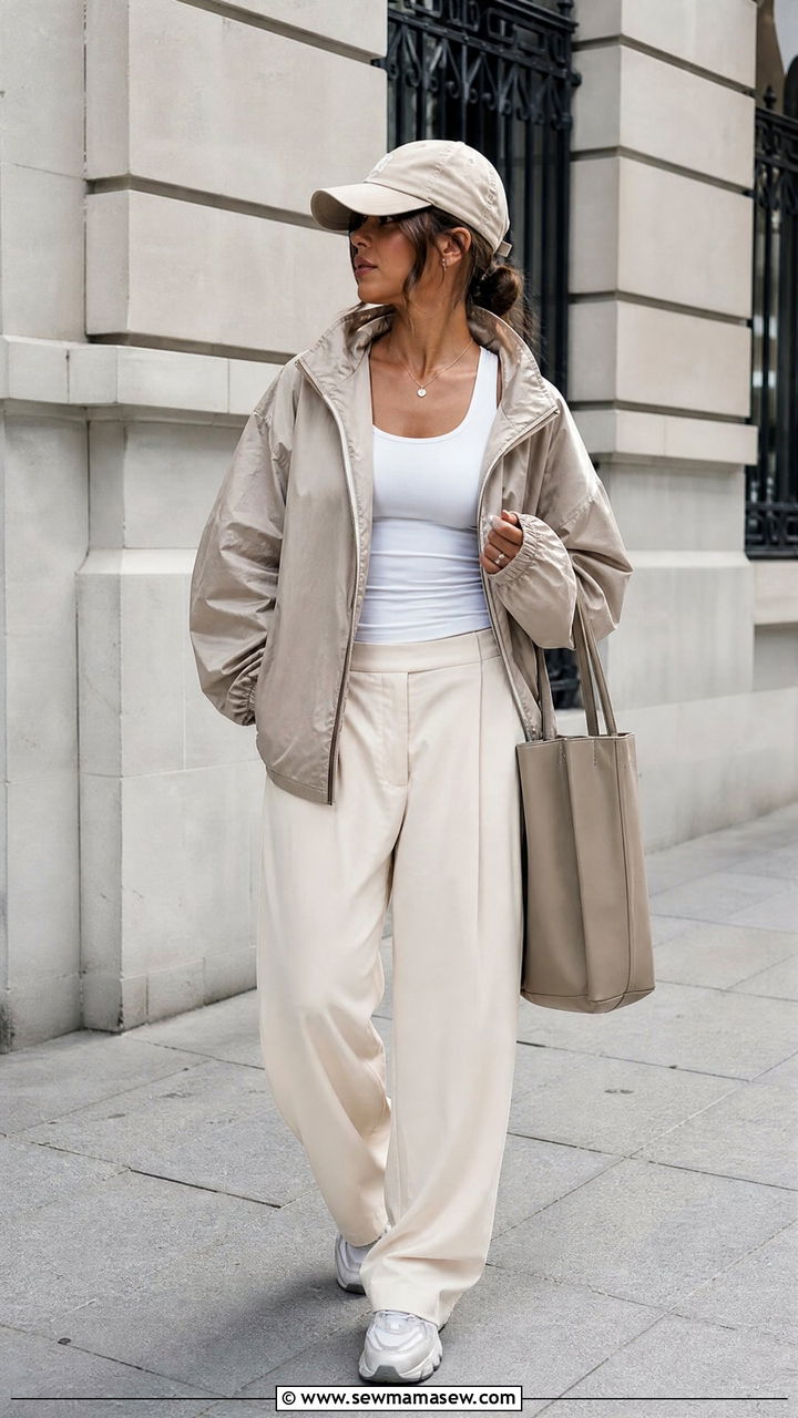 Windbreaker with wide leg trousers and sleek trainers - 30 classy sporty chic outfits