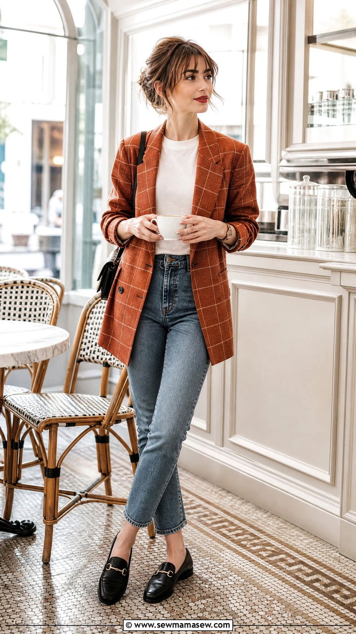 Windowpane Blazer With High Waisted Jeans - 25 French girl outfit ideas Lily Collins style
