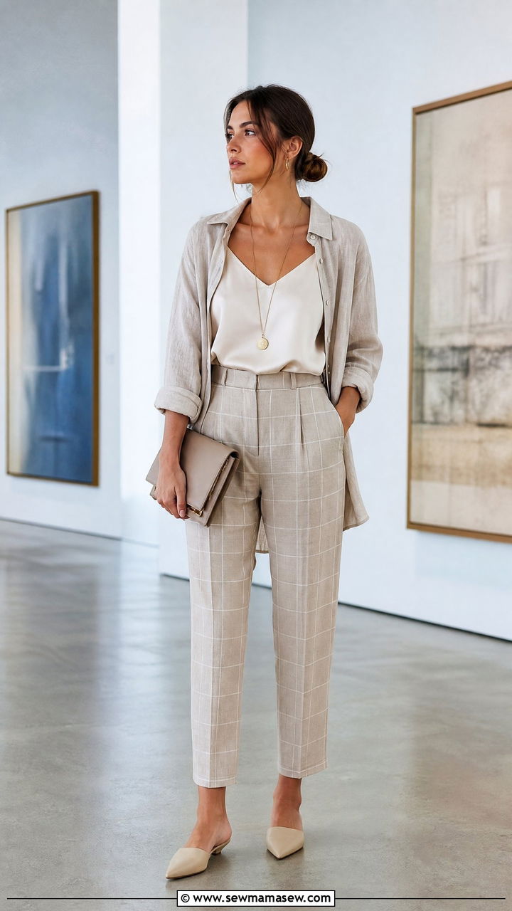 Windowpane Check Trousers With Cream Silk Camisole and Linen Overshirt - 30 summer light academia outfits