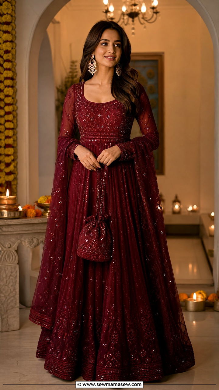 Wine Anarkali Suit for Karwa Chauth - 25 Karwa Chauth outfit ideas