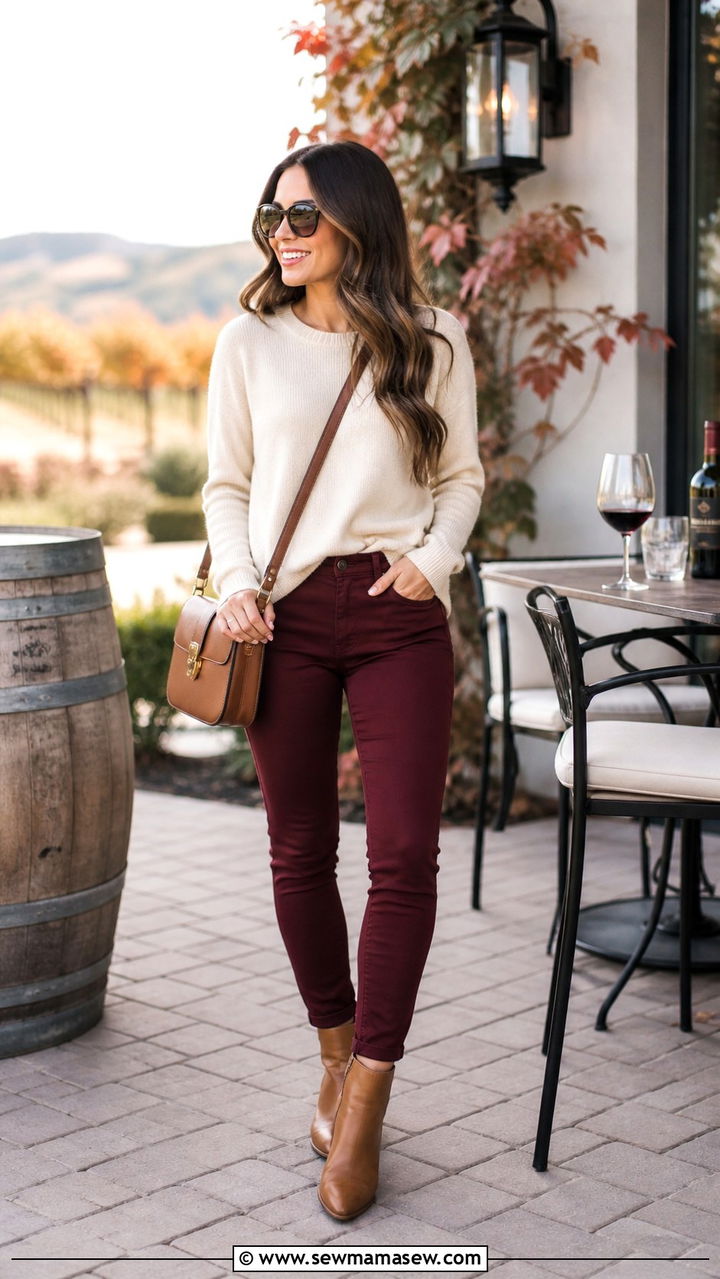 Wine Colored Jeans With a Neutral Top - 40 All wine outfit ideas
