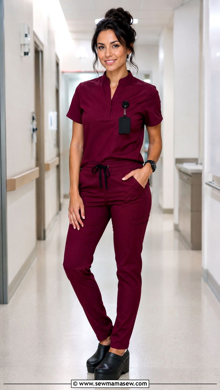 Wine Red Scrubs with Black Accessories Outfit - 30 Scrubs outfit ideas for nurses