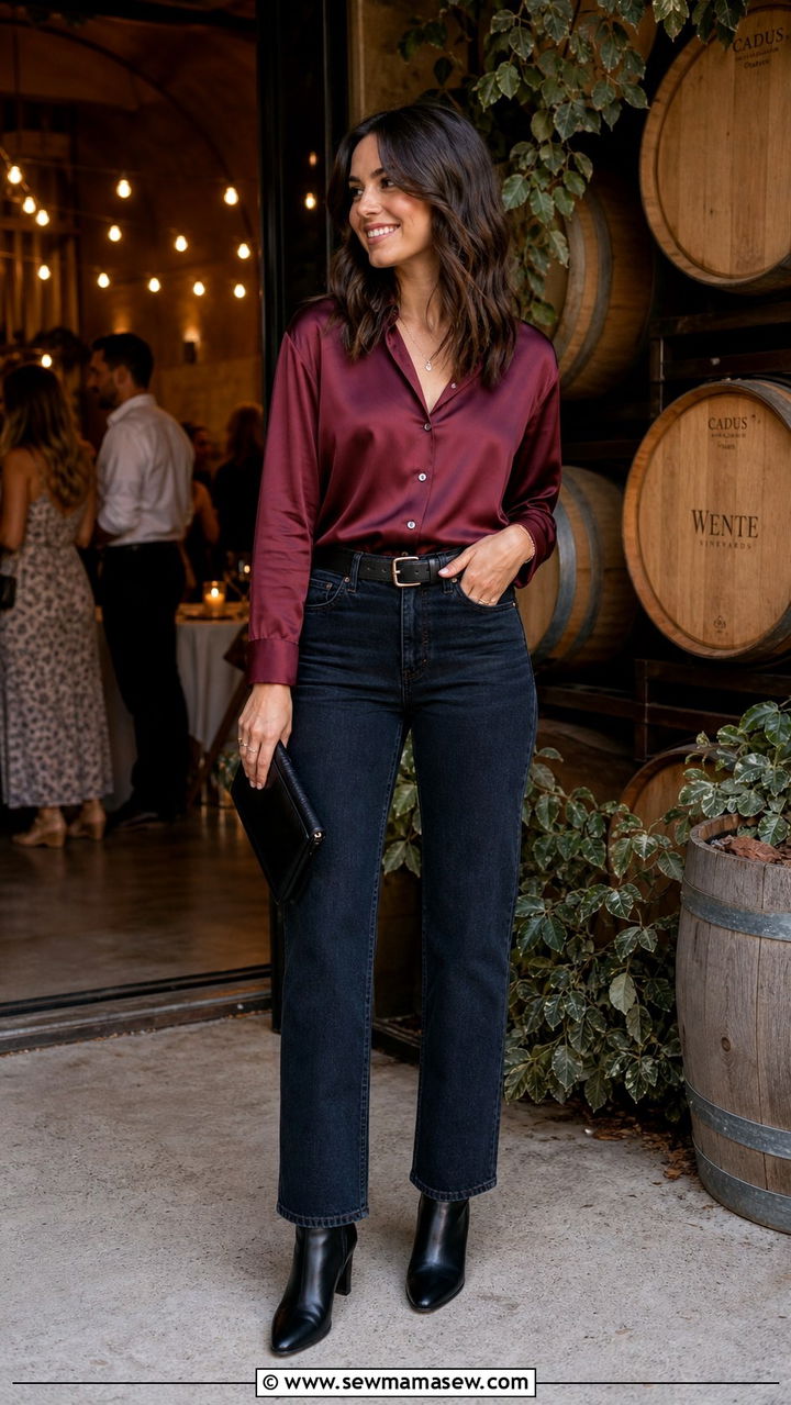 Wine Satin Blouse and Dark Denim - 40 All wine outfit ideas