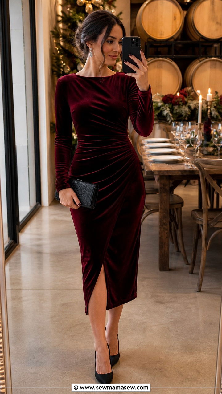 Wine Velvet Dress With Black Pumps - 40 All wine outfit ideas
