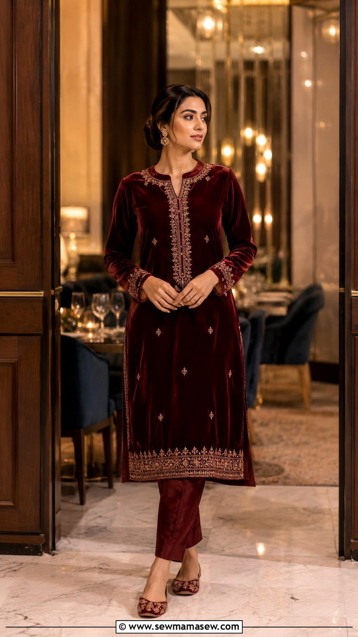 Wine Velvet Kurta With Pants - 25 Velvet matching set outfit ideas