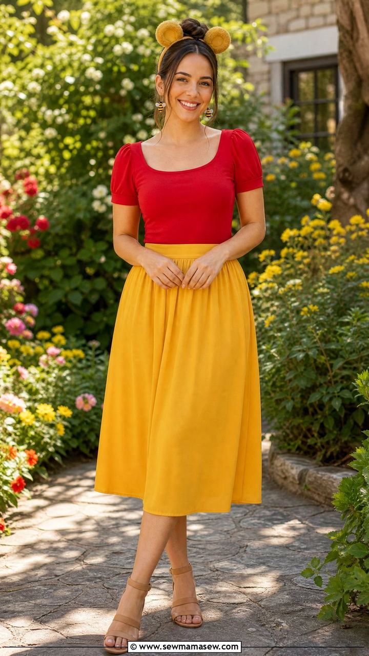 Winnie The Pooh Inspired Red Top With Yellow Bottoms And Bear Ears - 40 Disney trip outfit ideas