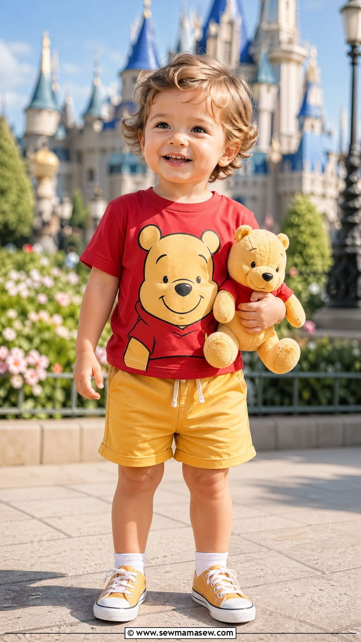 Winnie the Pooh Red Tee and Yellow Shorts - 35 Disney outfit ideas for toddlers