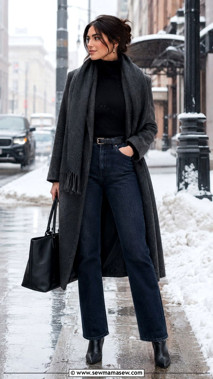 Winter Airport Outfit With Wool Coat and Jeans - 25 travel outfits Pinterest