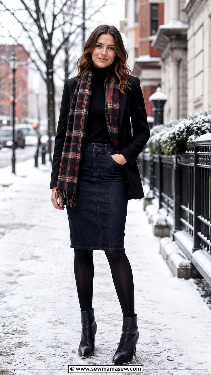 Winter Blazer With Denim Skirt And Tights - 30 Denim skirt outfit ideas with a blazer