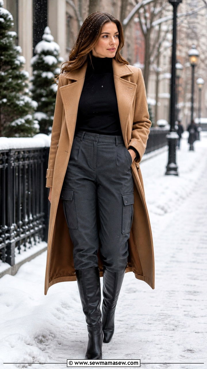 Winter Cargo Pants Outfit with Long Coat - 40 cargo pants outfits for women
