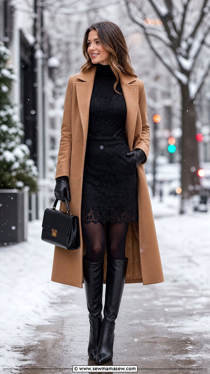 Winter Lace Dress With Turtleneck And Wool Coat - 25 lace outfits to copy