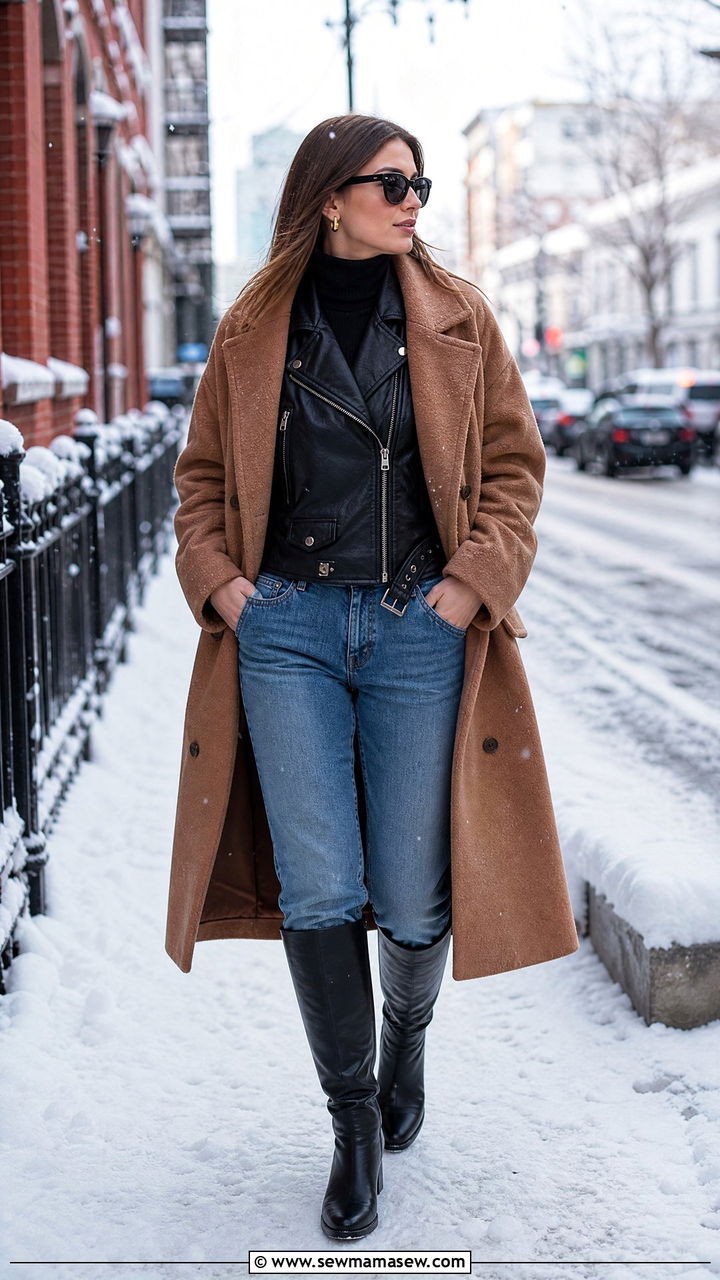 Winter Leather Jacket Outfit With Turtleneck And Wool Coat - 40 leather jacket outfit ideas for women