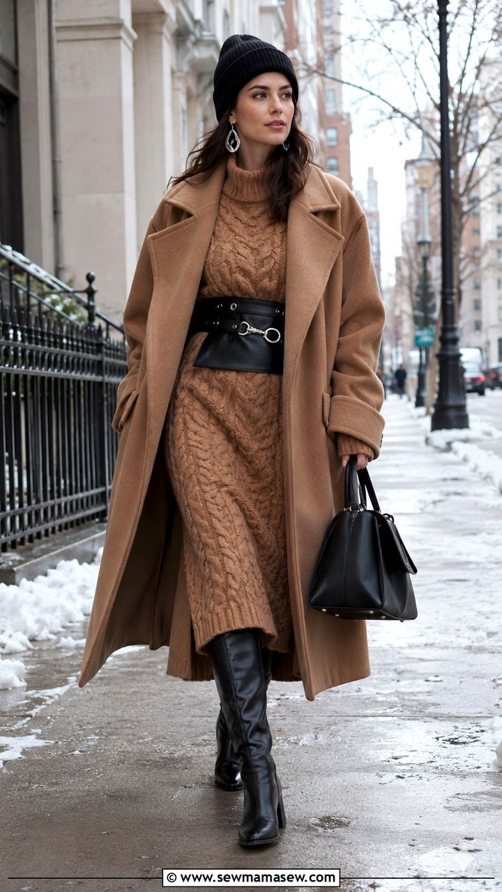 Winter Maximalist Layering Chunky Knit Dress Wide Belt Oversized Coat Outfit - 30 maximalist outfits 2026