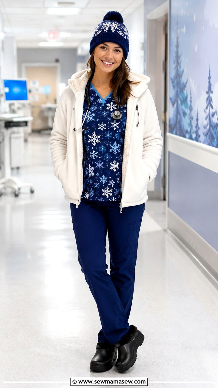 Winter Snowflake Scrub Top With Fleece Lined Jacket And Beanie - 25 Pediatric nurse outfit ideas