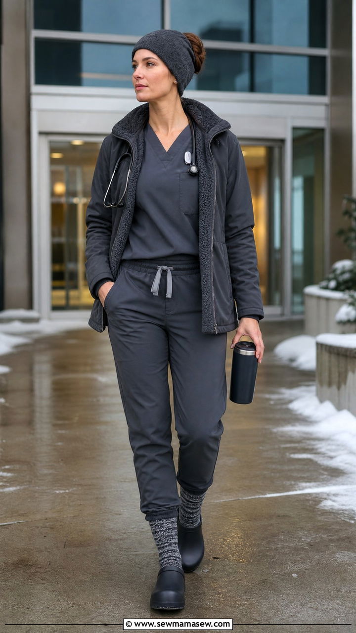 Winter Warm Scrub Set With Insulated Jacket And Wool Socks - 25 Icu nurse outfit ideas