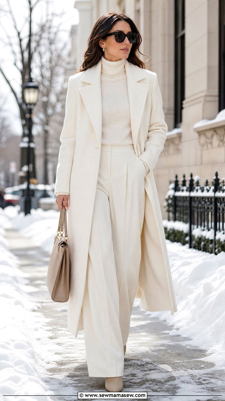 Winter White Coat and Cream Cashmere Sweater - 25 CEO outfit ideas for women