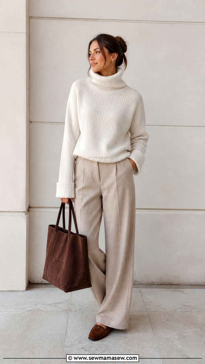 Winter White Turtleneck And Beige Trousers - 40 Old money outfit ideas