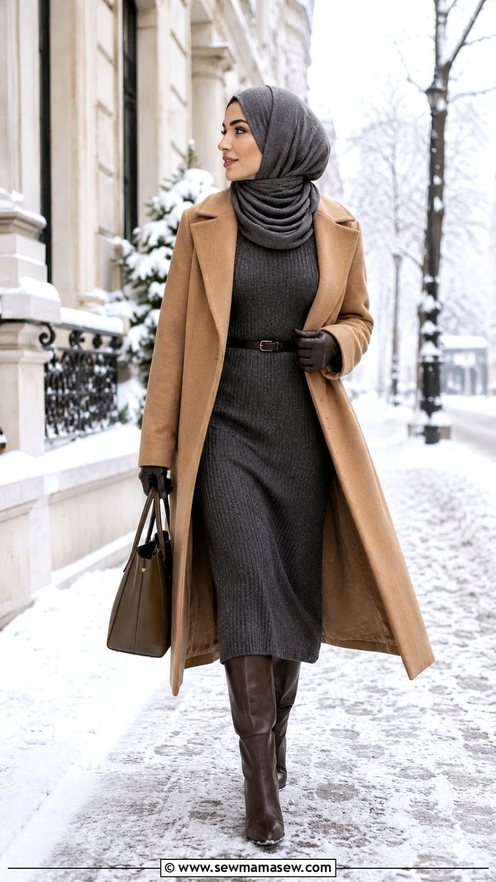 Winter coat with knit dress and hijab - 25 outfit ideas for hijab women