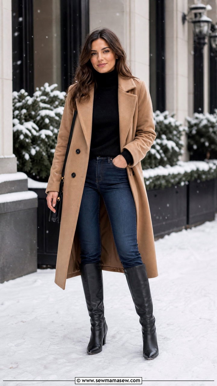 Winter cropped jeans outfit with wool coat and knee high boots - 25 How to style cropped jeans