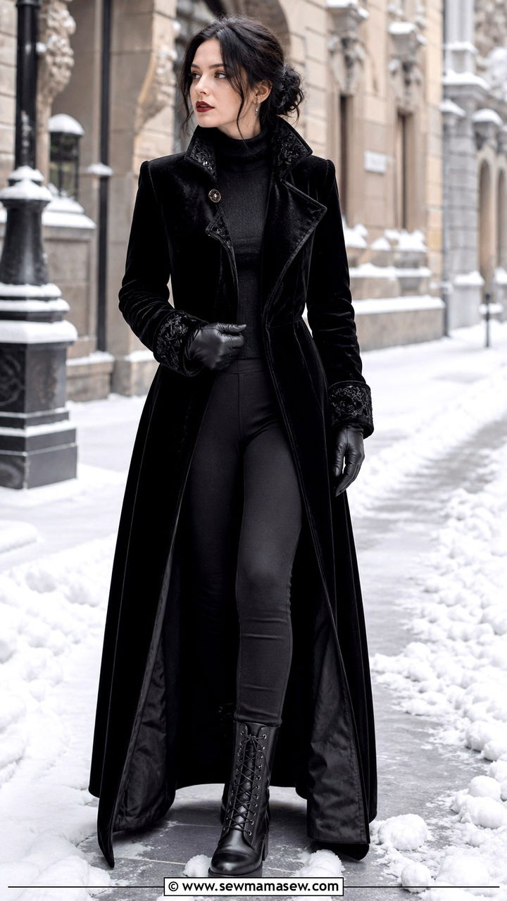 Winter goth long velvet coat with fleece lined leggings and biker boots - 40 Gothic outfit ideas