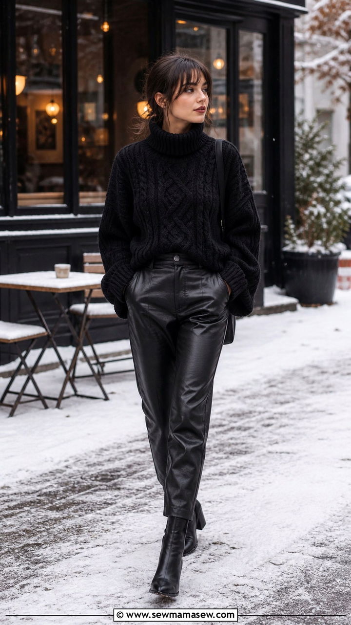 Winter goth oversized black turtleneck sweater with leather pants outfit - 40 Gothic outfit ideas