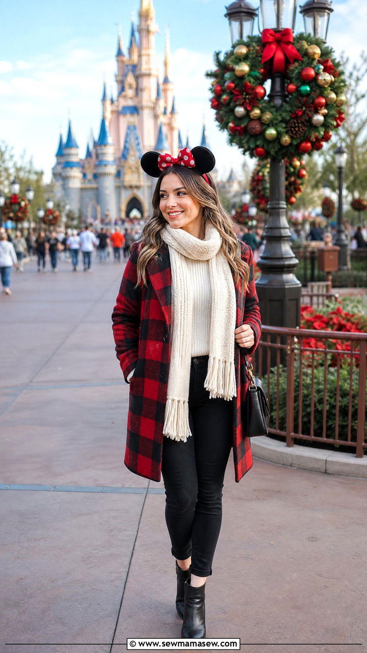 Winter holiday plaid coat with knit scarf and festive Minnie ears - 30 Disney outfit ideas for honeymoon