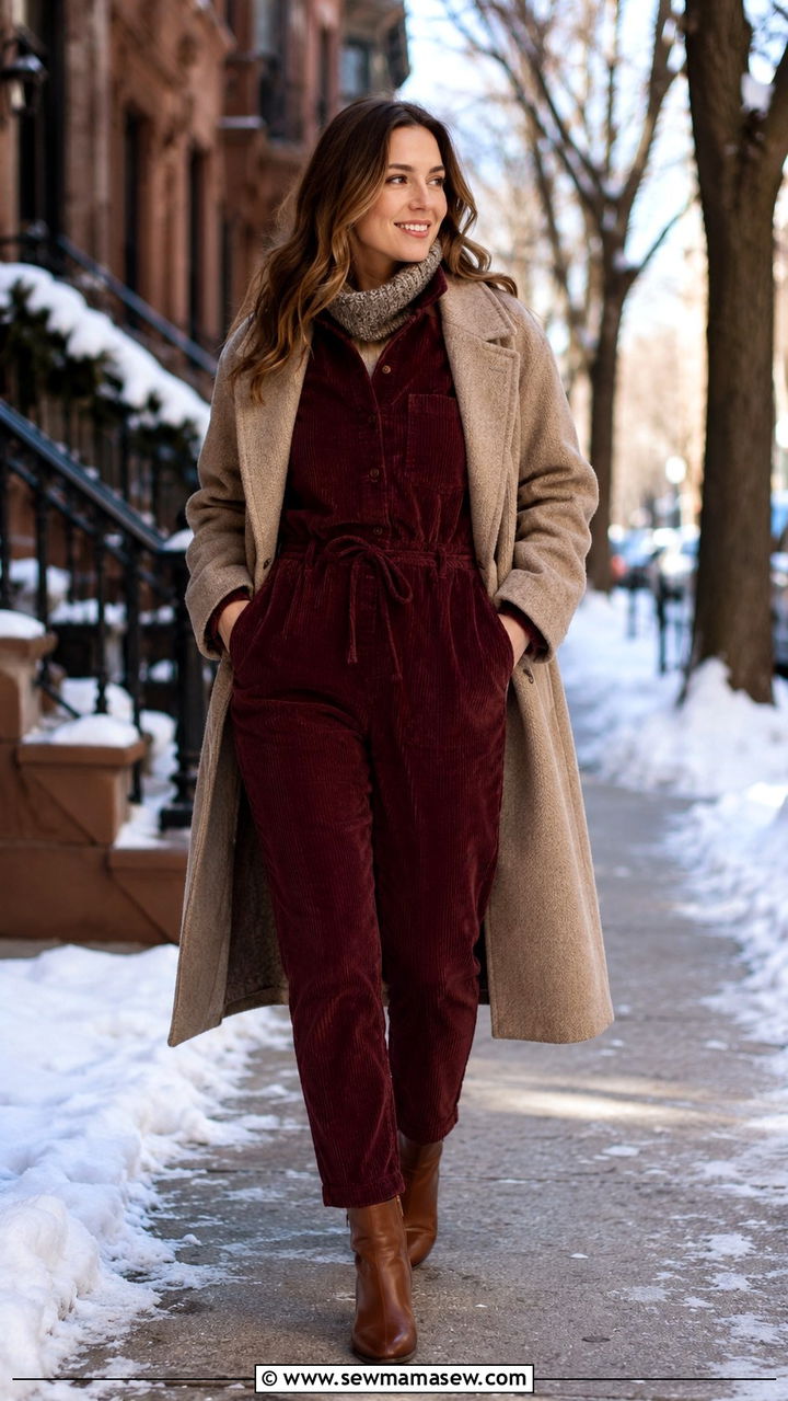 Winter jumpsuit outfit with coat and boots - 30 jumpsuit outfit ideas for women