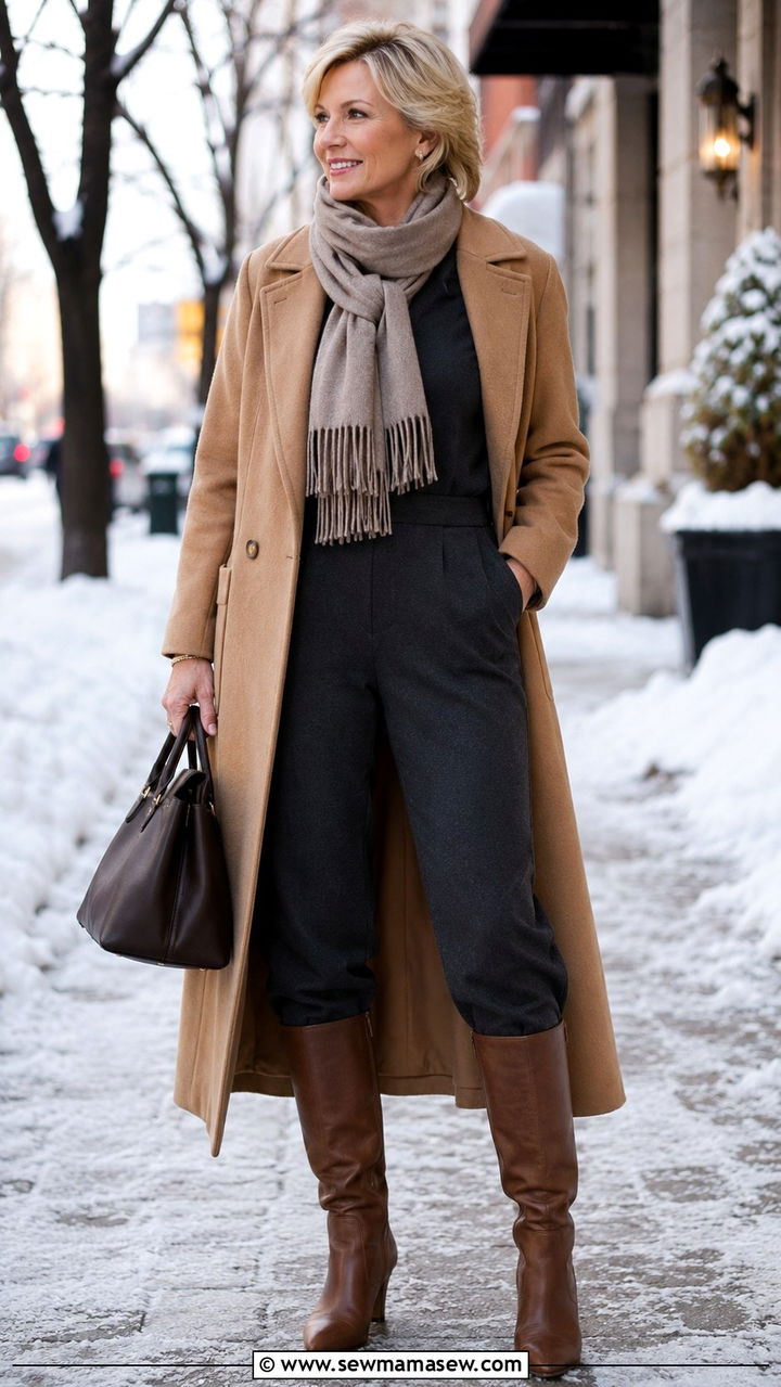 Winter jumpsuit with long wool coat - 30 Jumpsuit outfit ideas for women over 50