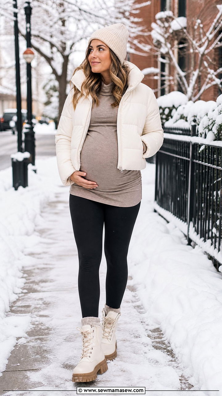Winter maternity puffer jacket with leggings - 20 Maternity outfit ideas 2026