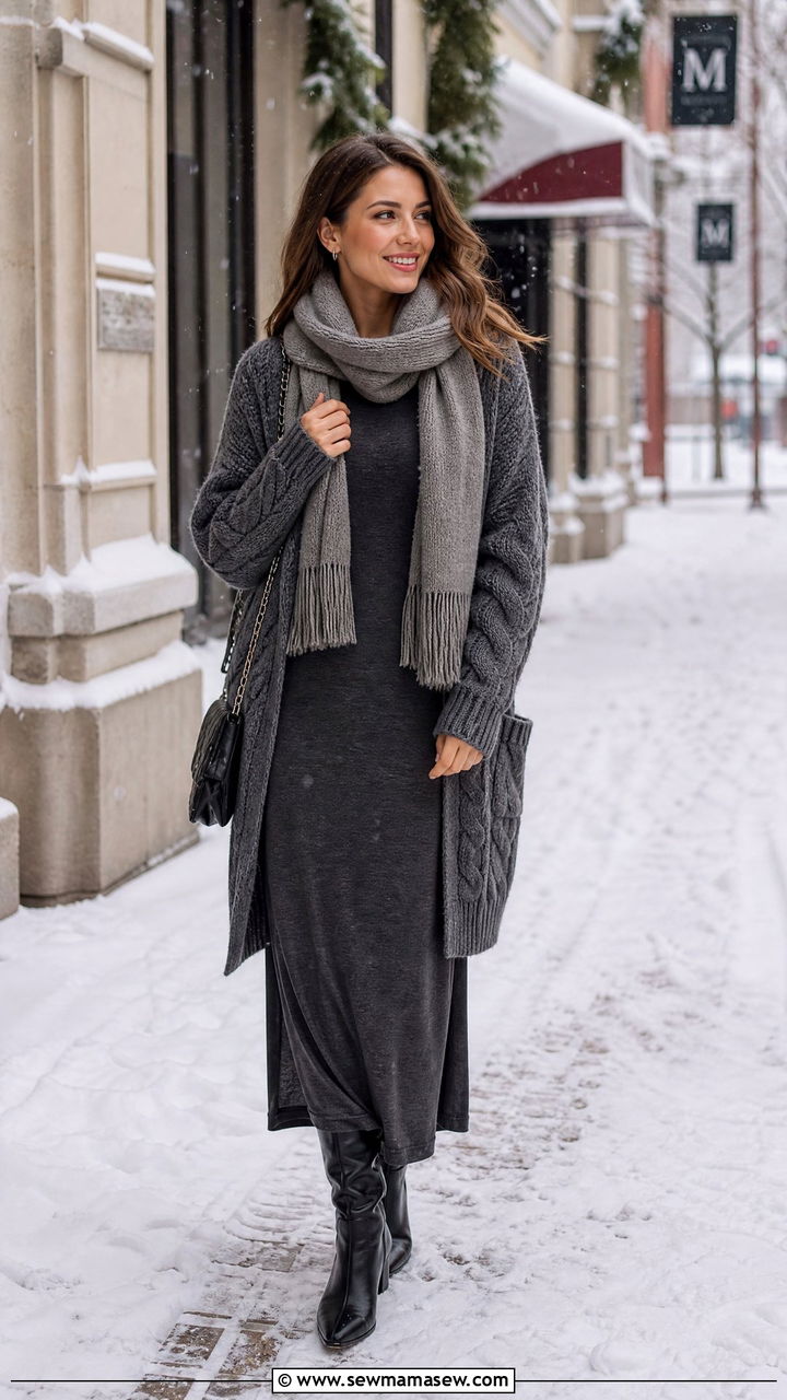 Winter maxi dress with thick cozy cardigan - 30 Maxi dress outfit ideas with a cardigan