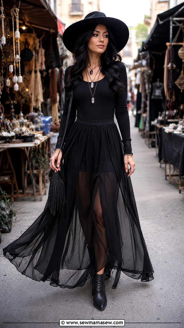 Witchy Black Chiffon Skirt with Fitted Bodysuit - 30 Mysterious spring outfit ideas