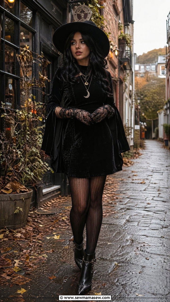 Witchy Fairycore Velvet Dress and Lace Gloves Outfit - 35 Fairycore outfit ideas