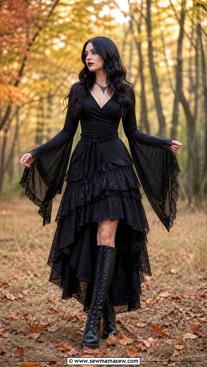 Witchy goth bell sleeve top with layered black skirts and lace up boots - 40 Gothic outfit ideas