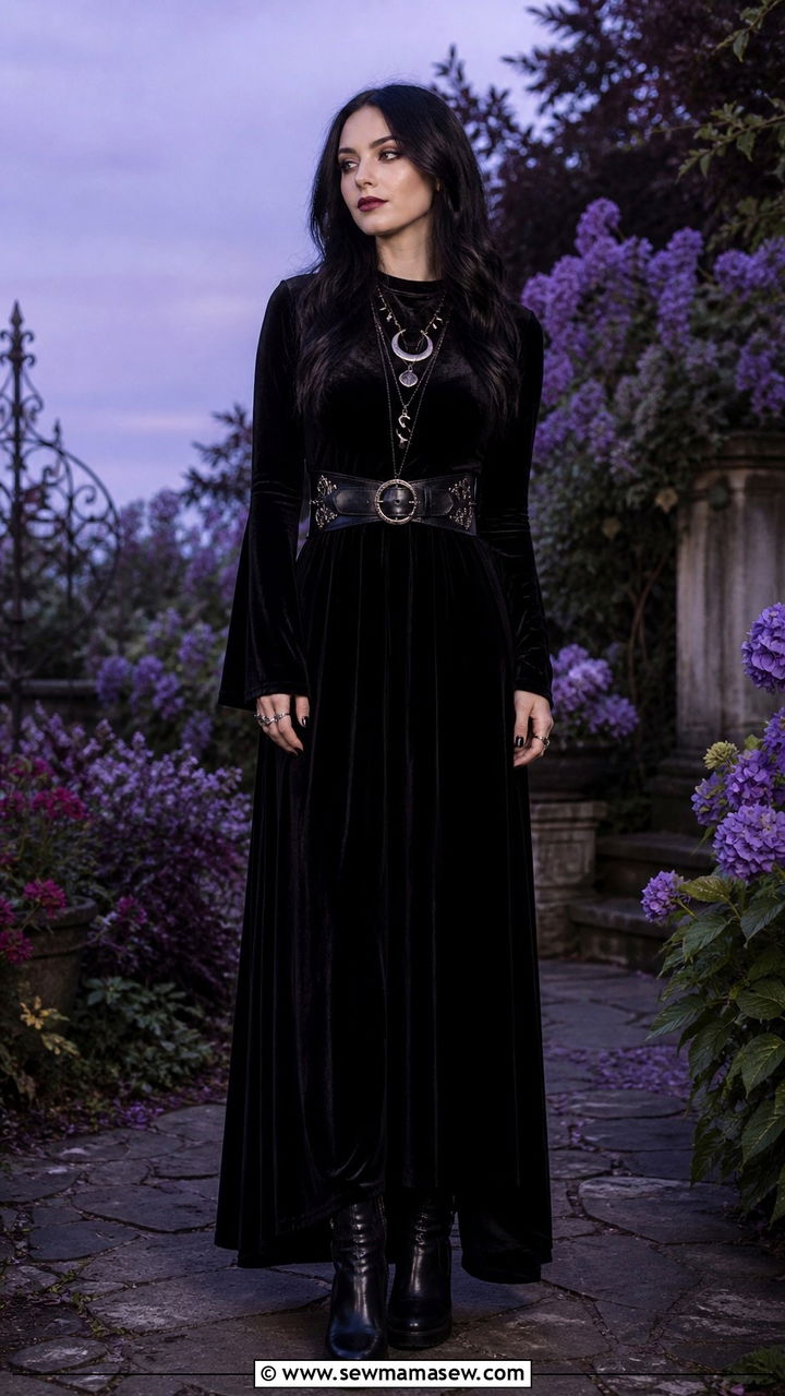 Witchy goth black velvet maxi dress with moon phase jewelry - 40 Gothic outfit ideas