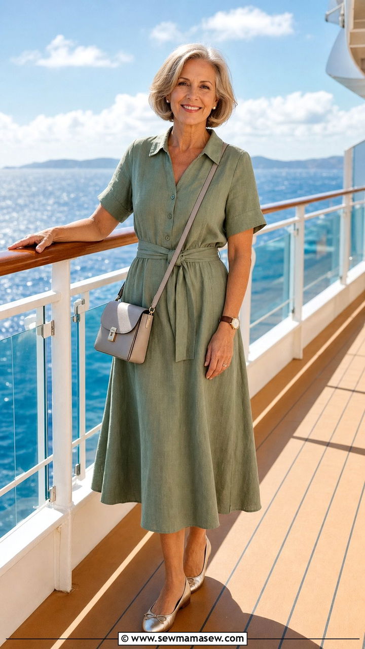 Women Over 50 Linen Dress with Comfortable Flats - 25 Disney cruise outfit ideas 2026