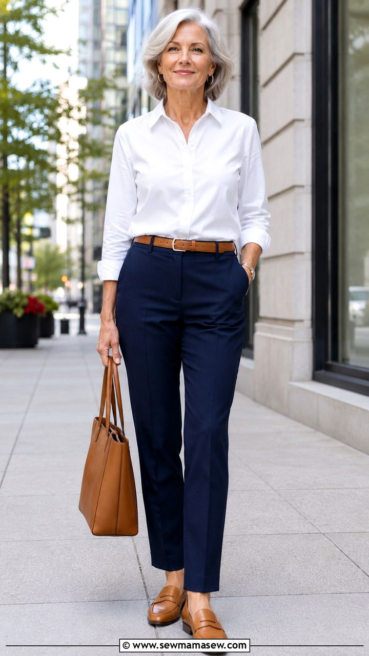 Women Over 60 Button Down Shirt And Tailored Trousers - 25 Outfit ideas for women over 60 2026