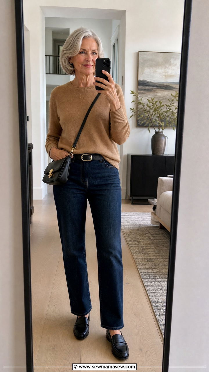 Women Over 60 Cashmere Sweater And Straight Jeans - 25 Outfit ideas for women over 60 2026