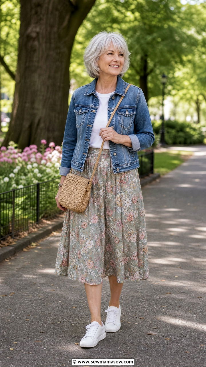Women Over 60 Denim Jacket With Floral Midi Skirt - 25 Outfit ideas for women over 60 2026