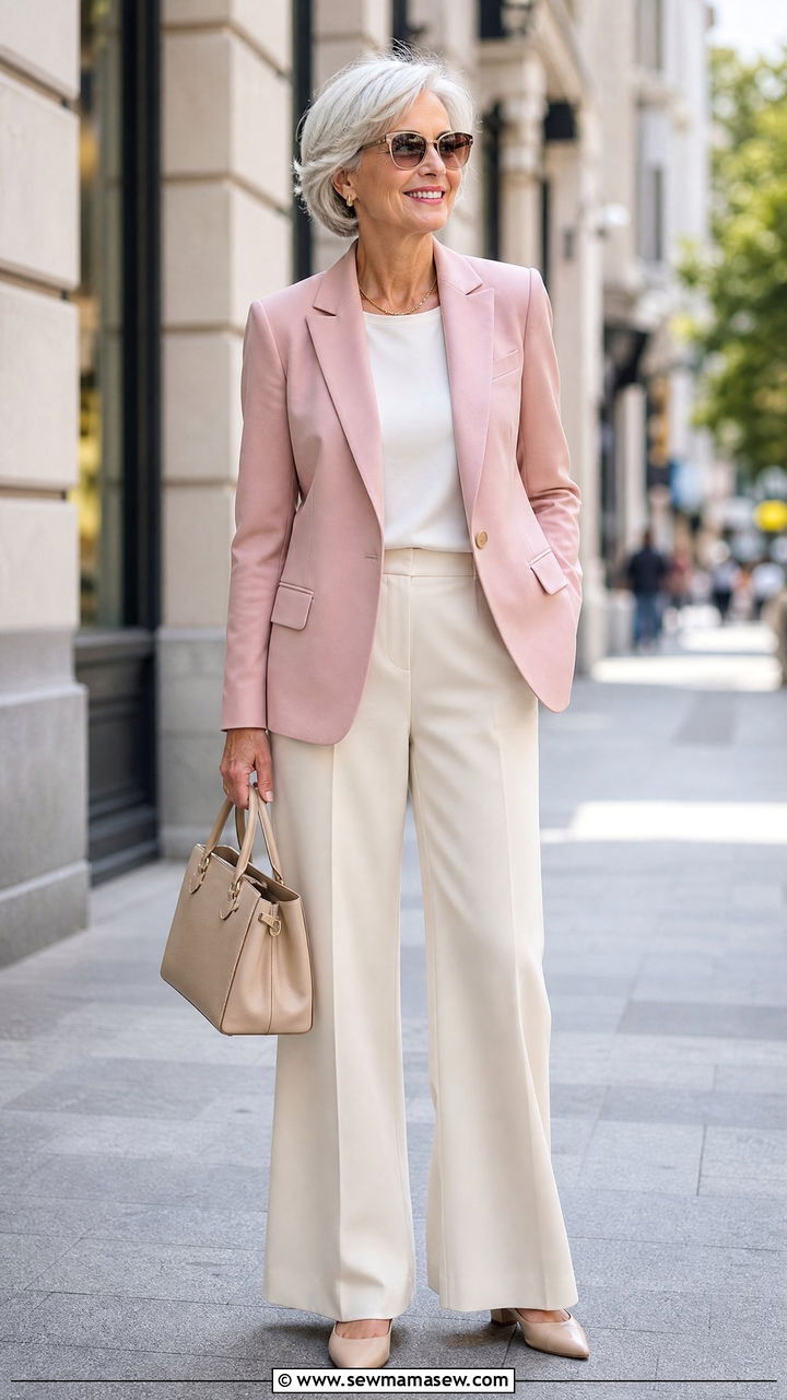Women Over 60 Pastel Blazer With Neutral Trousers - 25 Outfit ideas for women over 60 2026