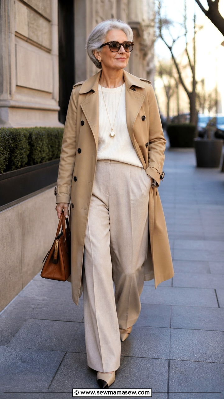 Women Over 60 Trench Coat Outfit With Wide Trousers - 25 Outfit ideas for women over 60 2026