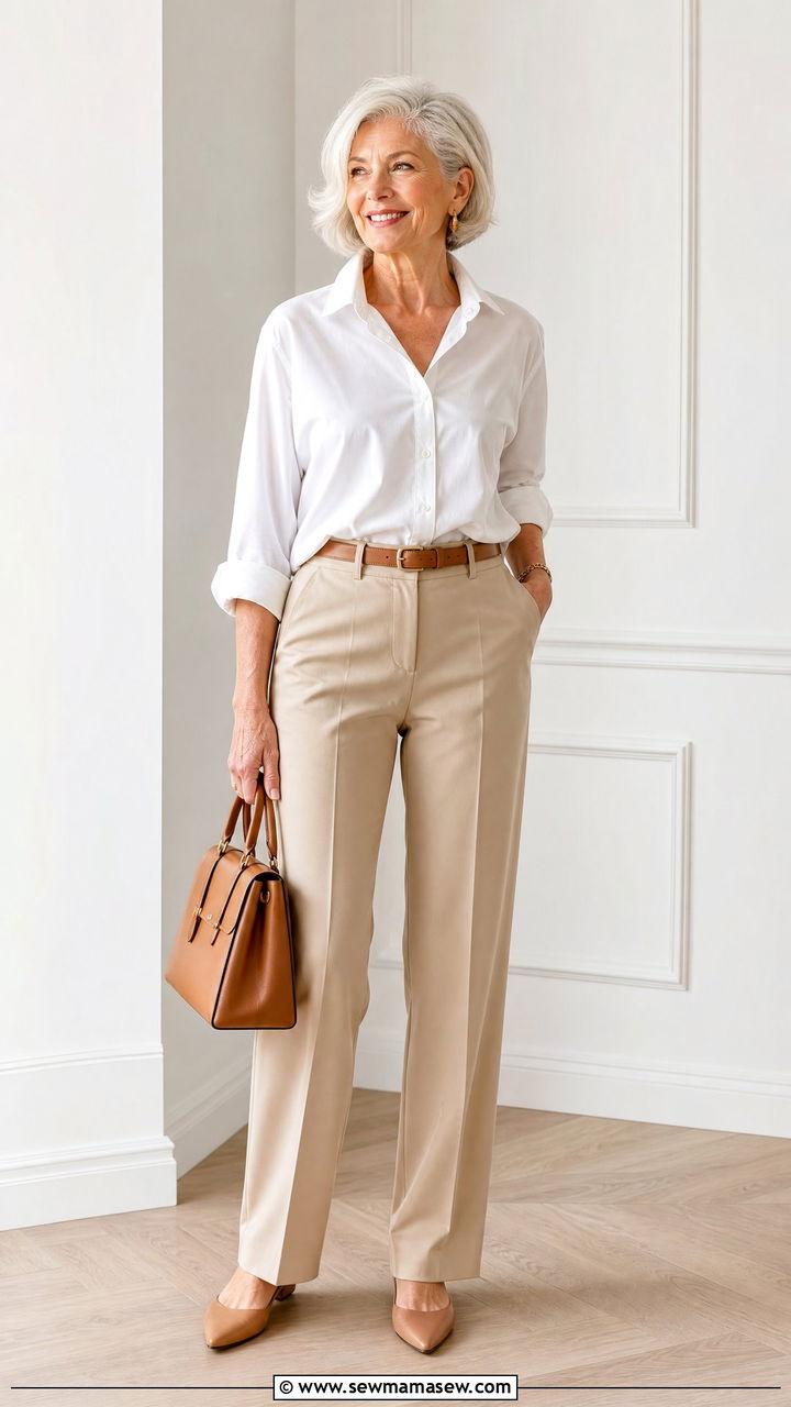 Women Over 60 White Shirt And Beige Trousers Outfit - 25 Outfit ideas for women over 60 2026