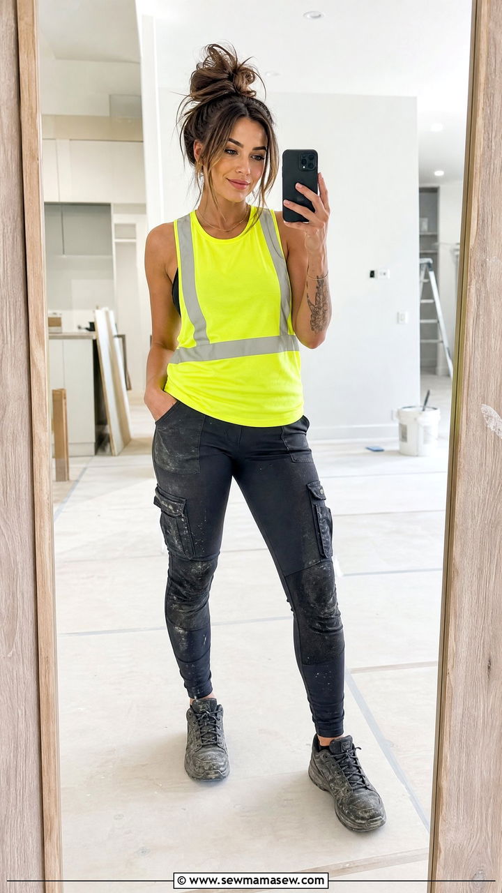 Womens Utility Leggings with Hi Vis Tank and Steel Toe Sneakers - 30 Construction site outfit ideas for women