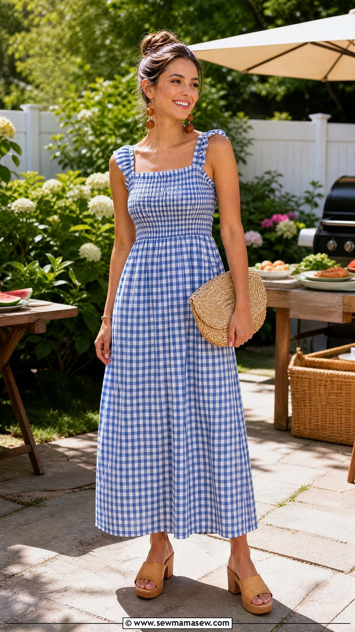 Wooden Heel Mules with Gingham Print Maxi Dress - 30 Summer outfits with mules